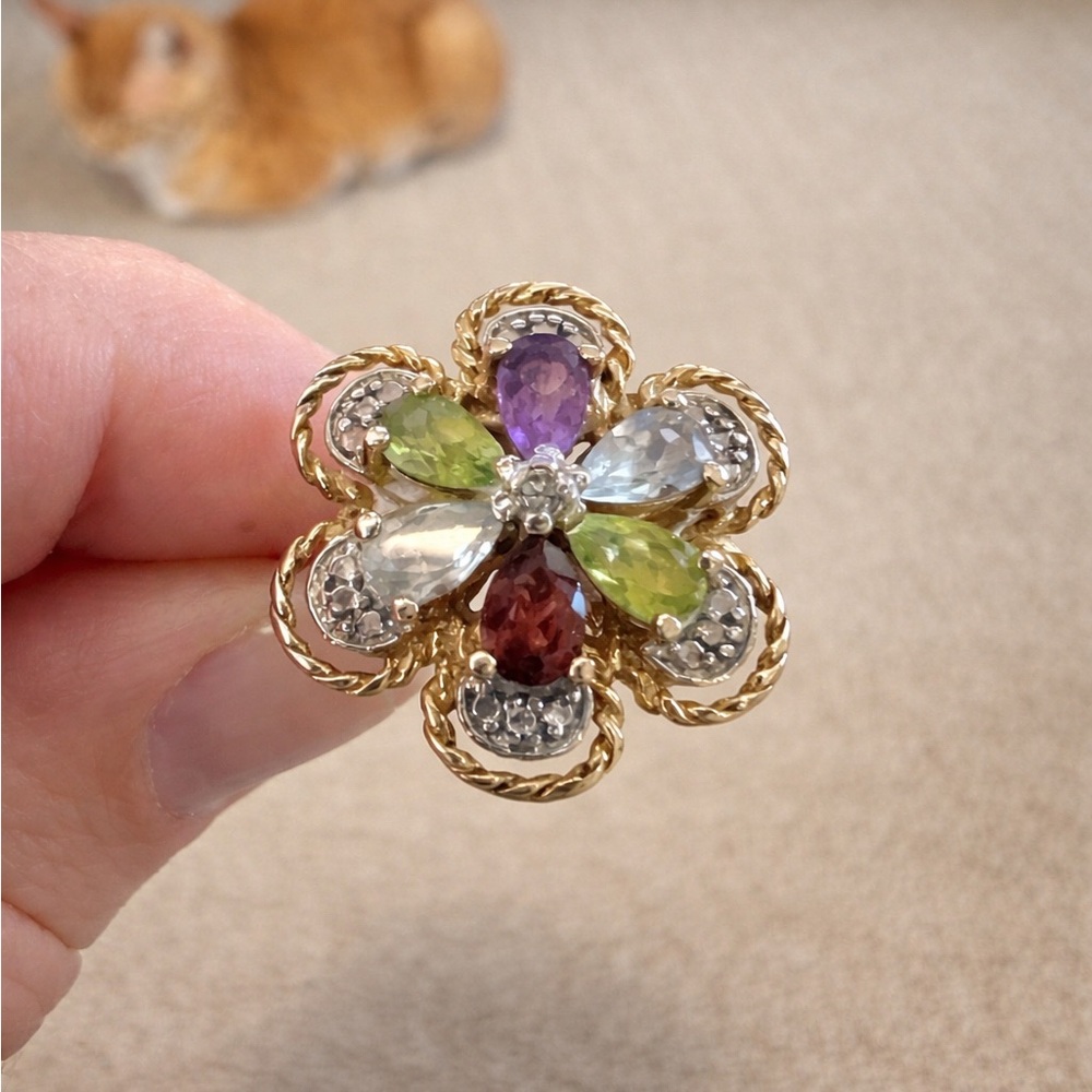 Multicolor Gem Flower Ring – Gold Tone